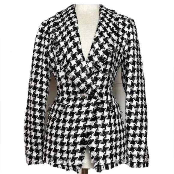 NWOT Rachel Zoe Black & White Houndstooth Bouclé Jacket Small Tweed Plaid - Picture 3 of 7